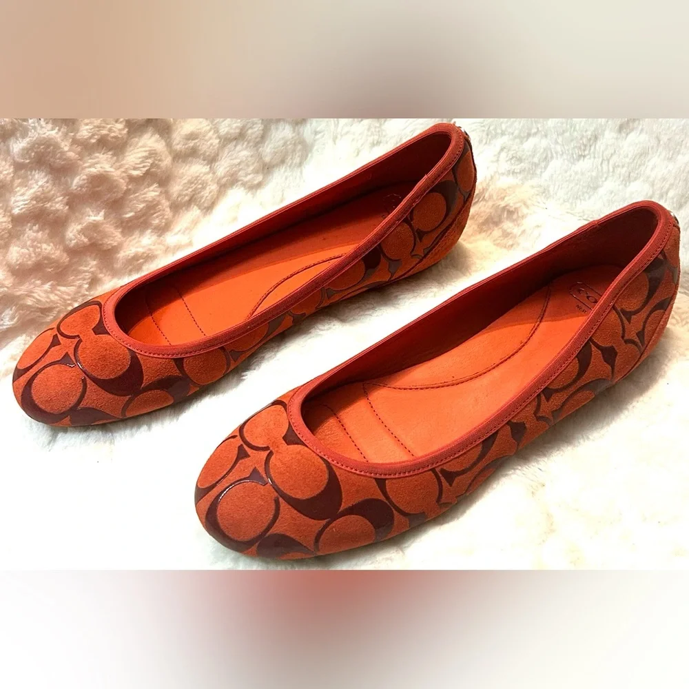 Coach Signature Suede Orange Red Ballet Flat slip on women’s size 7.5 - Picture 2 of 9
